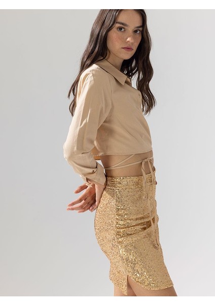 Yanı Yırtmaçlı Drape Detaylı Pullu Etek - Gold fiyatları