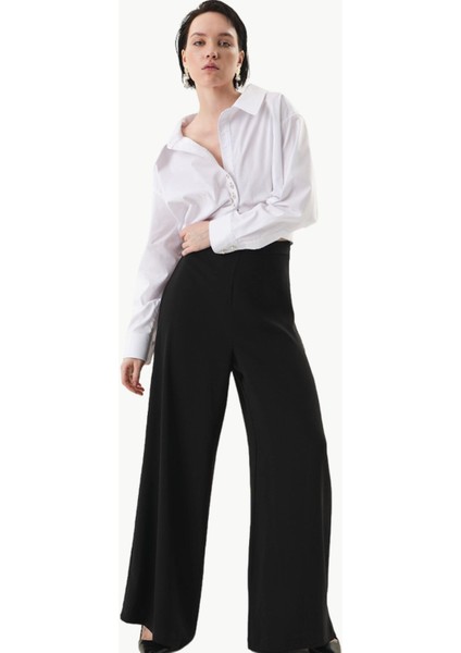 Geniş Paça Krep Pantolon - Siyah