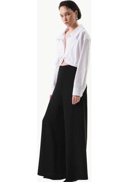Geniş Paça Krep Pantolon - Siyah
