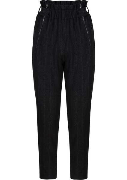 Beli Lastikli Fermuar ve Çıt Çıt Detaylı Boru Paça Dokuma Pantolon-Antrasit