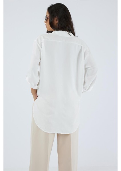 Katlamalı Uzun Kol Sedef Düğmeli Arkası Uzun Rahat ve Bol Kalıp Şık Cool Elegant Keten Tunik Gömlek fiyatları