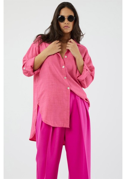 Katlamalı Uzun Kol Sedef Düğmeli Arkası Uzun Rahat ve Bol Kalıp Şık Cool Elegant Keten Tunik Gömlek modelleri