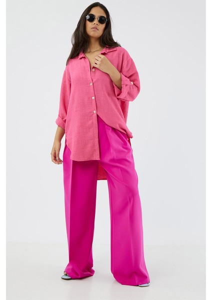 Katlamalı Uzun Kol Sedef Düğmeli Arkası Uzun Rahat ve Bol Kalıp Şık Cool Elegant Keten Tunik Gömlek indirimleri