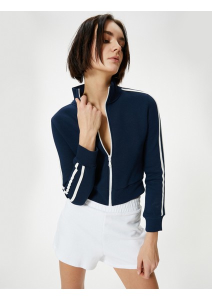 Fermuarlı Sweatshirt Crop Dik Yaka Uzun Kollu Çizgili