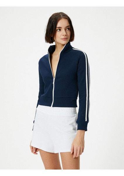 Fermuarlı Sweatshirt Crop Dik Yaka Uzun Kollu Çizgili