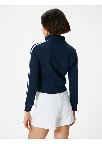 Fermuarlı Sweatshirt Crop Dik Yaka Uzun Kollu Çizgili
