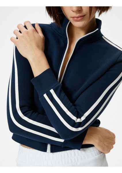 Fermuarlı Sweatshirt Crop Dik Yaka Uzun Kollu Çizgili