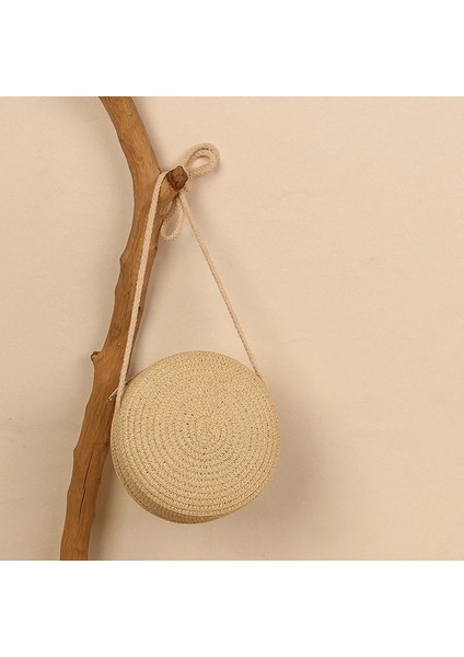 Bej Tarzı Yuvarlak Hasır Çanta Kadın Dokuma Plaj Crossbody Çanta Bayanlar Için Sevimli Omuz Rattan El Yapımı Örme Şeker Renk Küçük Çanta (Yurt Dışından)