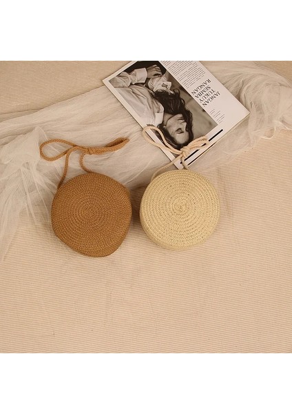 Bej Tarzı Yuvarlak Hasır Çanta Kadın Dokuma Plaj Crossbody Çanta Bayanlar Için Sevimli Omuz Rattan El Yapımı Örme Şeker Renk Küçük Çanta (Yurt Dışından) fırsatları