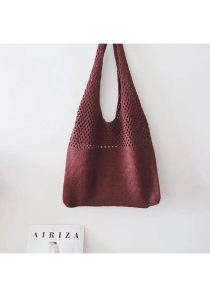 Kırmızı Stil Yaz Plaj Seyahat Alışveriş Çanta Vintage Hollow Dokuma Kadın Omuz Çantası Örgü Çanta Bayanlar Için Büyük Kapasiteli Bez Çantalar (Yurt Dışından)