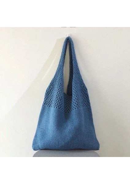 Mavi Stil Yaz Plaj Seyahat Alışveriş Çanta Vintage Hollow Dokuma Kadın Omuz Çantası Örgü Çanta Bayanlar Için Büyük Kapasiteli Bez Çantalar (Yurt Dışından)
