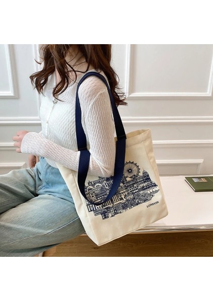 Mektup Stili Kadın Kanvas Omuz Çantası Londra Kitap Baskı Bayanlar Rahat Çanta Tote Çanta Yeniden Kullanılabilir Büyük Kapasiteli Pamuk Alışveriş Plaj Çantası (Yurt Dışından) fiyatları