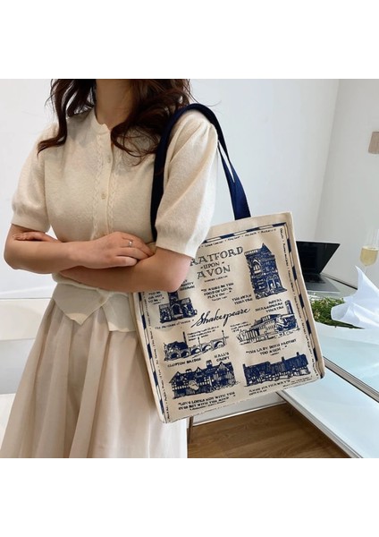 Mektup Stili Kadın Kanvas Omuz Çantası Londra Kitap Baskı Bayanlar Rahat Çanta Tote Çanta Yeniden Kullanılabilir Büyük Kapasiteli Pamuk Alışveriş Plaj Çantası (Yurt Dışından) modelleri