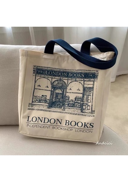 Mektup Stili Kadın Kanvas Omuz Çantası Londra Kitap Baskı Bayanlar Rahat Çanta Tote Çanta Yeniden Kullanılabilir Büyük Kapasiteli Pamuk Alışveriş Plaj Çantası (Yurt Dışından) fırsatları