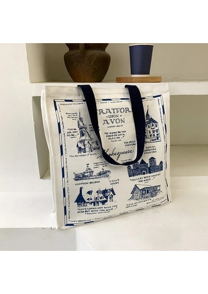 Mektup Stili Kadın Kanvas Omuz Çantası Londra Kitap Baskı Bayanlar Rahat Çanta Tote Çanta Yeniden Kullanılabilir Büyük Kapasiteli Pamuk Alışveriş Plaj Çantası (Yurt Dışından) indirimleri