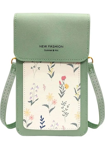 Yeşil Stil Yeni Dokunmatik Ekranlı Telefon Çantası Kızın Omuz Crossbody Kare Çanta Mini Baskılı Cep Telefonu Çanta Moda Küçük Taze Cüzdan (Yurt Dışından)