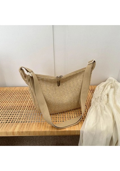 Haki Tarzı Hasır Çanta Yaz Plaj Omuz Çantaları Kadınlar Için Yenı Rafya Lüks Tasarımcı Çanta Bayanlar Halat Askı Seyahat Boho Çanta Tatil (Yurt Dışından)