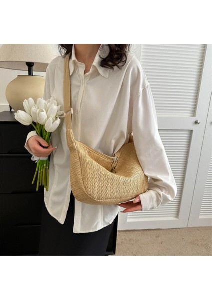 Haki Tarzı Hasır Çanta Yaz Plaj Omuz Çantaları Kadınlar Için Yenı Rafya Lüks Tasarımcı Çanta Bayanlar Halat Askı Seyahat Boho Çanta Tatil (Yurt Dışından) fırsatları