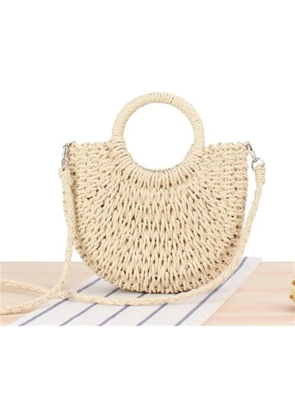 Bej Tarzı El Yapımı Yarım Yuvarlak Rattan Dokuma Hasır Çanta Yaz Kadın Messenger Crossbody Çanta Kızlar Küçük Plaj Çanta (Yurt Dışından)