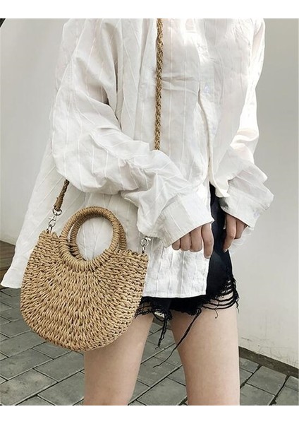 Bej Tarzı El Yapımı Yarım Yuvarlak Rattan Dokuma Hasır Çanta Yaz Kadın Messenger Crossbody Çanta Kızlar Küçük Plaj Çanta (Yurt Dışından) fiyatları