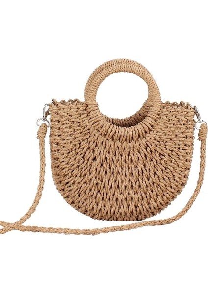 Bej Tarzı El Yapımı Yarım Yuvarlak Rattan Dokuma Hasır Çanta Yaz Kadın Messenger Crossbody Çanta Kızlar Küçük Plaj Çanta (Yurt Dışından) modelleri