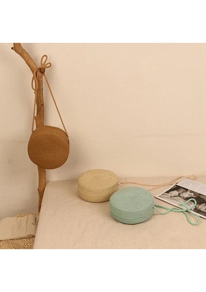 Bej Tarzı Yuvarlak Hasır Çanta Kadın Dokuma Plaj Crossbody Çanta Bayanlar Için Sevimli Omuz Rattan El Yapımı Örme Şeker Renk Küçük Çanta (Yurt Dışından)