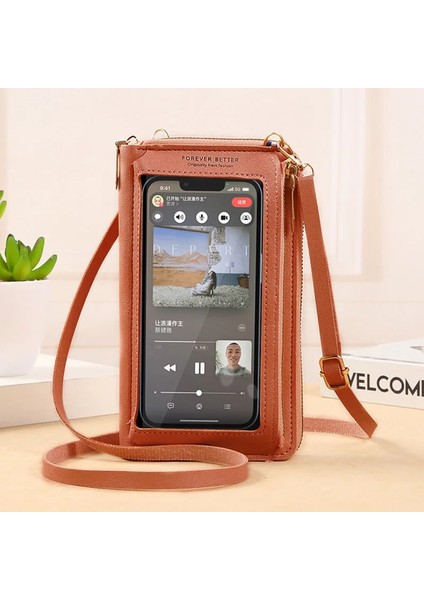 Kahverengi Tarzı Buylor Şarj Deliği Dokunmatik Ekran Telefonu Çanta Kadın Yumuşak Deri Basit Omuzdan Askili Çanta Moda Crossbody Çanta Şeffaf Mini Cüzdan (Yurt Dışından)