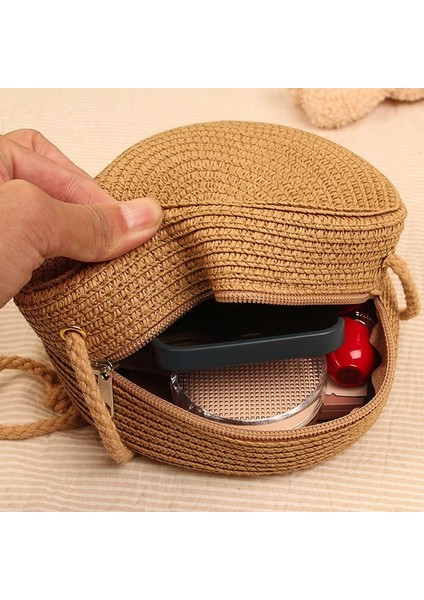 Mor Tarzı Yuvarlak Hasır Çanta Kadın Dokuma Plaj Crossbody Çanta Bayanlar Için Sevimli Omuz Rattan El Yapımı Örme Şeker Renk Küçük Çanta (Yurt Dışından) modelleri