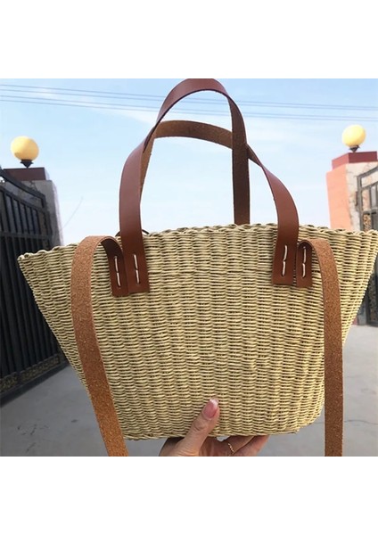 No.1 Stili Yeni Taşınabilir Örgülü Çanta Tek Omuz El Yapımı Hasır Örgülü Büyük Kapasiteli Tek Omuz Tote Plaj Tatil Çantası (Yurt Dışından) modelleri