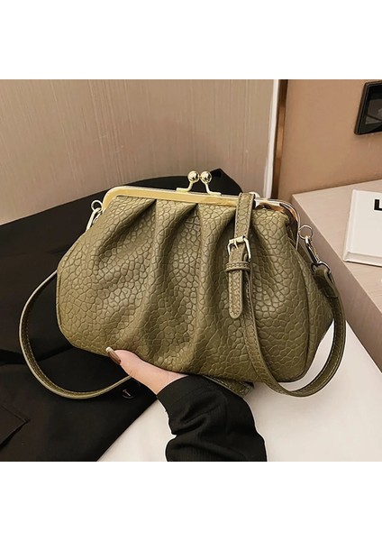 Yeşil Stil 17CM26CM10CM Kadın Pilili Kabuk Klip Crossbody Çanta Yumuşak Pu Deri Lüks Tasarımcı Çanta ve Çanta Omuz Çantası Debriyaj (Yurt Dışından)