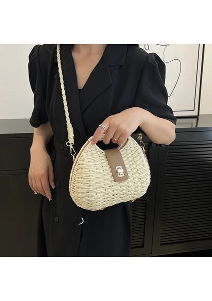 Bej Tarzı Moda Hasır Kamış Örgü Çanta Dokuma Kadın Çanta Yaz Seyahat Plaj Çantası Bali Hasır Omuz Crossbody Çanta Womelutch Için (Yurt Dışından) modelleri
