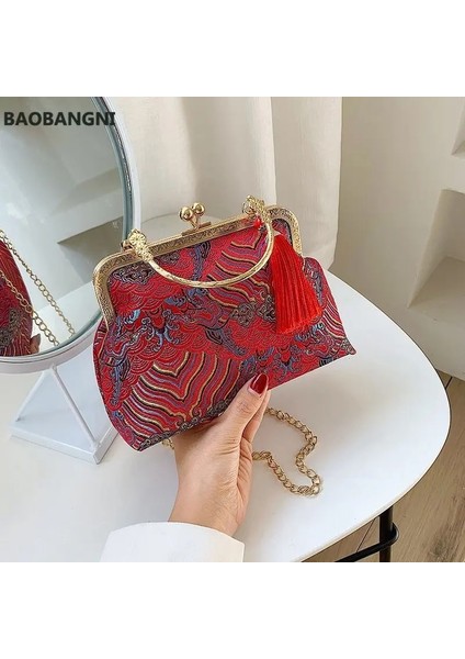 Kırmızı Stil Moda Tasarımcısı Kadın Nakış Gece Çantası Yaratıcı Çin Tarzı Çanta Parti El Çantası Zincir Püskül Messenger Çanta (Yurt Dışından) fırsatları