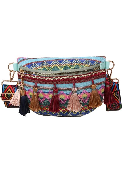 Mavi Stil Ayarlanabilir Askılı Kadınlar Ettyle Bel Çantası Alacalı Renk Fringe Dekor ile Fanny Paketi Rahat Crossbody Göğüs Çantaları (Yurt Dışından)