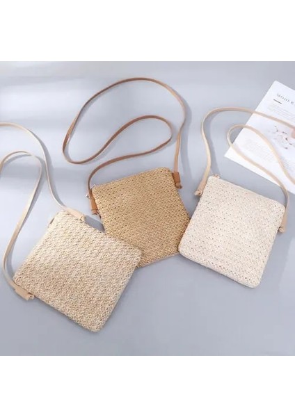 C Stili Yeni Moda Kadın Hasır Çanta Rattan Dokuma Bez Çanta Yeni Crossbody Messenger Çanta Örgü Küçük Kare Çanta Boho Plaj Yaz (Yurt Dışından) indirimleri