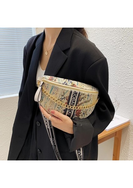 Yeşil Çanta Stili Manzara Boyama Mektup Baskılı Bel Çantaları Kadınlar Için Geniş Sapanlar Tuval Fanny Paketi Crossbody Çanta Lüks Zincir Kadın Çanta (Yurt Dışından) fırsatları
