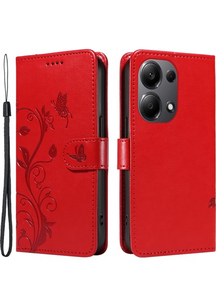 Xiaomi Poco M6 Pro 4g Kılıf Kelebek Çiçek Desenli Cüzdan Tarzı Telefon Kapağı-Kırmızı (Yurt Dışından)
