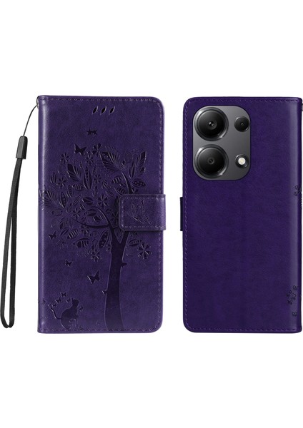 Xiaomi Poco M6 Pro 4g Kılıf Kedi Ağacı Desenli Cüzdan Kapak-Koyu Mor (Yurt Dışından)