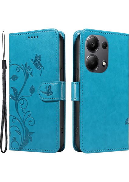 Xiaomi Poco M6 Pro 4g Kılıf Kelebek Çiçek Desenli Cüzdan Tarzı Telefon Kapağı-Mavi (Yurt Dışından)