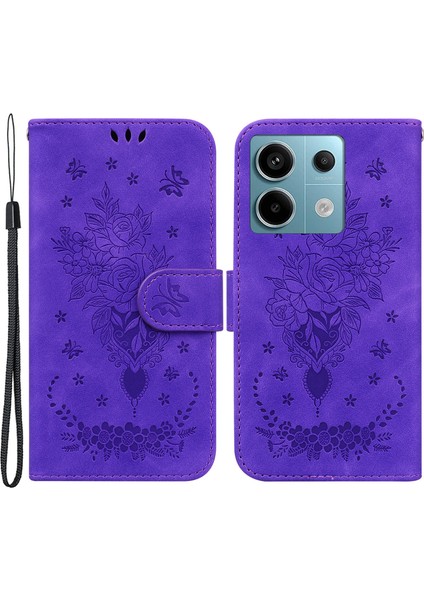 Xiaomi Poco X6 5g Kılıf Baskılı Gül Kelebek Telefon Standı Kapağı-Mor (Yurt Dışından)
