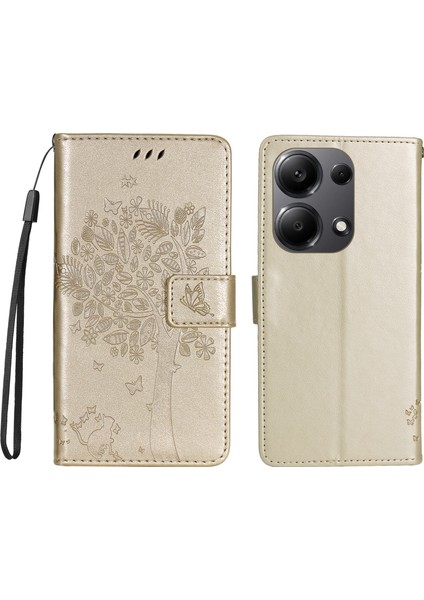 Xiaomi Poco M6 Pro 4g Kılıf Kedi Ağacı Desenli Cüzdan Kapak-Altın (Yurt Dışından)
