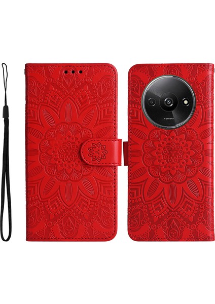 Xiaomi Redmi A3 Cep Telefonu Kılıfı Baskılı Çiçek Standı Kapağı, Kullanışlı Askı-Kırmızı (Yurt Dışından)