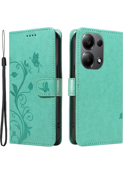 Xiaomi Poco M6 Pro 4g Kılıf Kelebek Çiçek Desenli Cüzdan Tarzı Telefon Kapağı-Yeşil (Yurt Dışından)