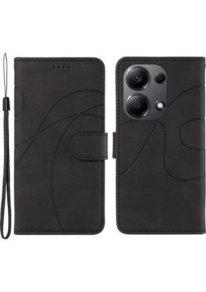 Xiaomi Poco M6 Pro 4g Kılıf Baskılı Kavisli Çizgi Deri Kapak-Siyah (Yurt Dışından)