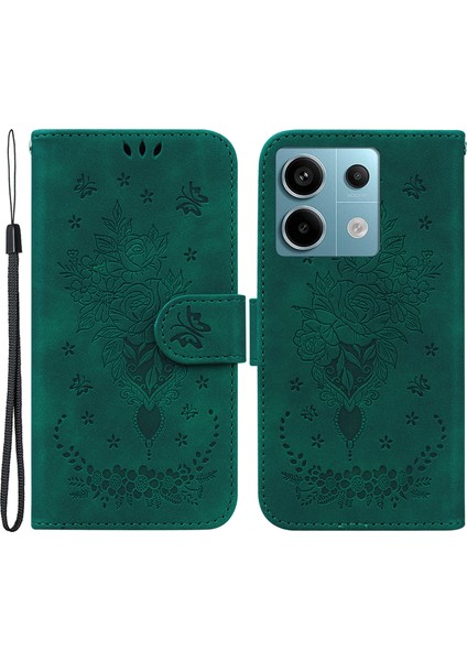 Xiaomi Poco X6 5g Kılıf Baskılı Gül Kelebek Telefon Standı Kapağı-Yeşil (Yurt Dışından)