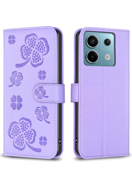 Xiaomi Poco X6 5g Deri Kılıf Şanslı Yonca Desen Koruma Kabuğu Telefon Kapağı-Mor Için (Yurt Dışından)