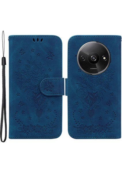Xiaomi Redmi A3 Cep Telefonu Kılıfları Deri + Tpu Çiçek Desenli Cüzdan Tarzı Kapak-Mavi (Yurt Dışından)