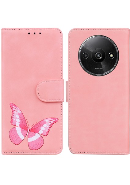 Xiaomi Redmi A3 Telefon Kılıfı Için Anti-Damla Deri Kapak Çevirin Kelebek Tasarım-Pembe (Yurt Dışından)