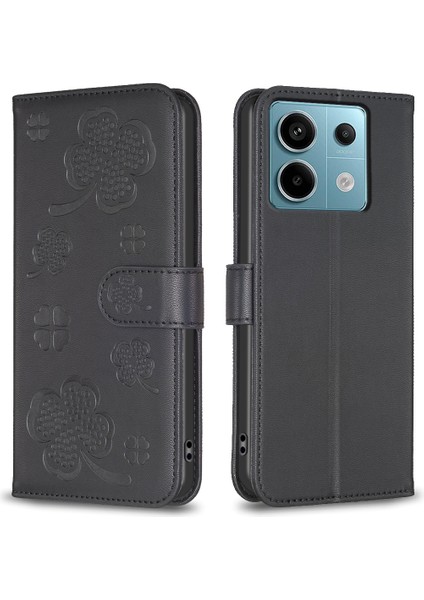 Xiaomi Poco X6 5g Deri Kılıf Şanslı Yonca Desen Koruma Kabuğu Telefon Kapağı-Siyah (Yurt Dışından)