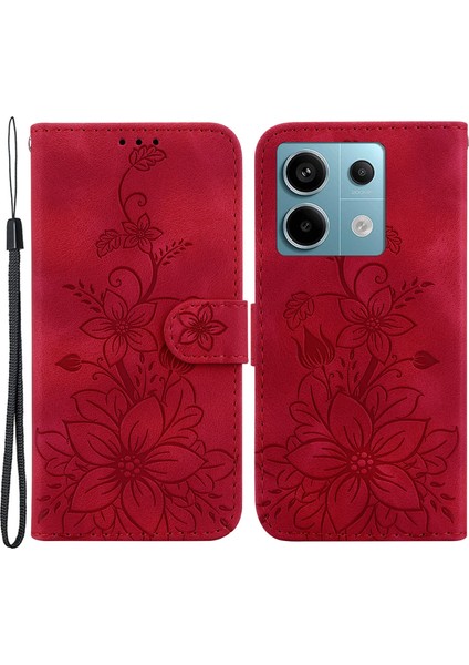 Xiaomi Poco X6 5g Telefon Kılıfı Kart Tutuculu Çiçek Cüzdan Kılıf-Kırmızı (Yurt Dışından)