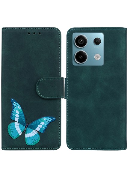 Xiaomi Poco X6 5g Kılıf Kelebek Desenli Deri Cüzdan Kılıfı-Yeşil (Yurt Dışından)